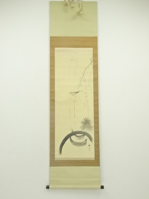 JAPANESE HANGING SCROLL / HAND PAINTED / FLOWER & BIRD / ARTIST WORK